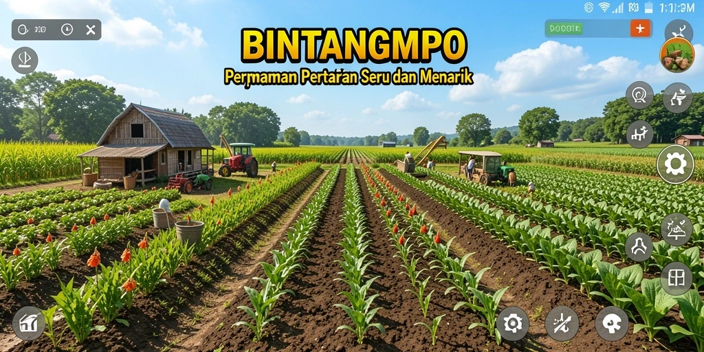 Screenshot menunjukkan gameplay seru BINTANGMPO dengan ladang hijau.