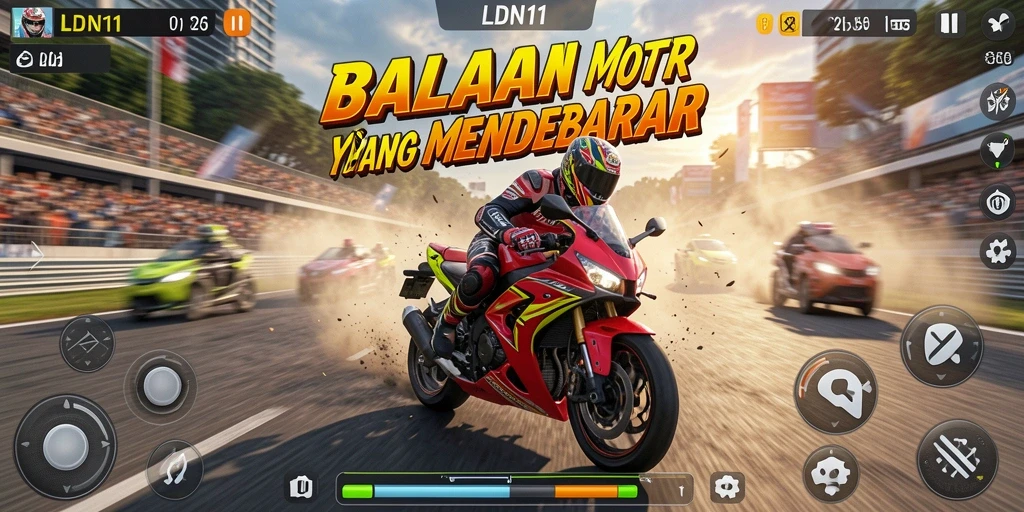 Tangkapan layar permainan LDN11 dengan aksi balapan motor yang intens.