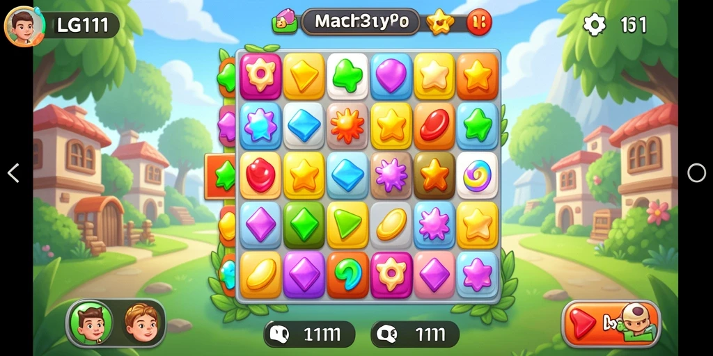 Screenshot utama LG111 menunjukkan gameplay seru dalam mencocokkan permata.