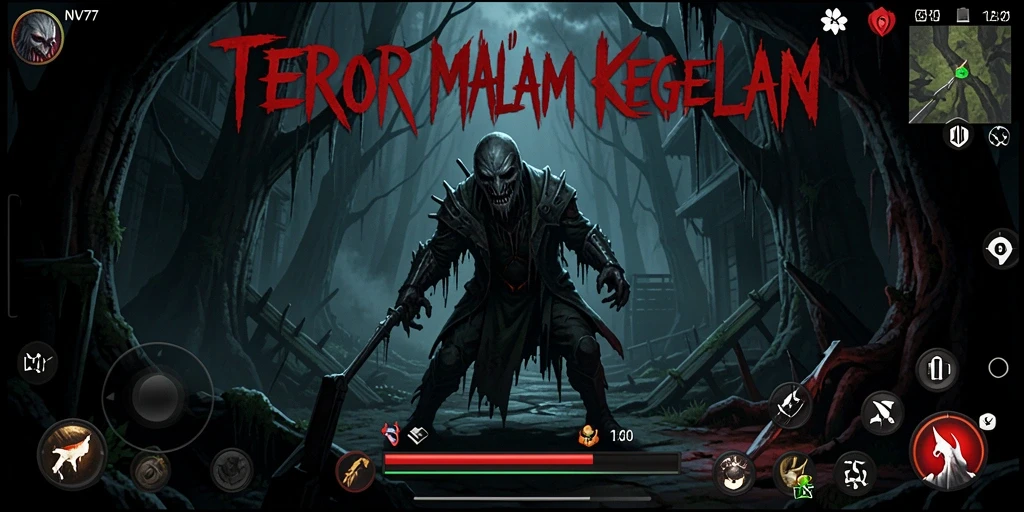 Screenshot gameplay NV77 menunjukkan suasana Horror yang mencekam.