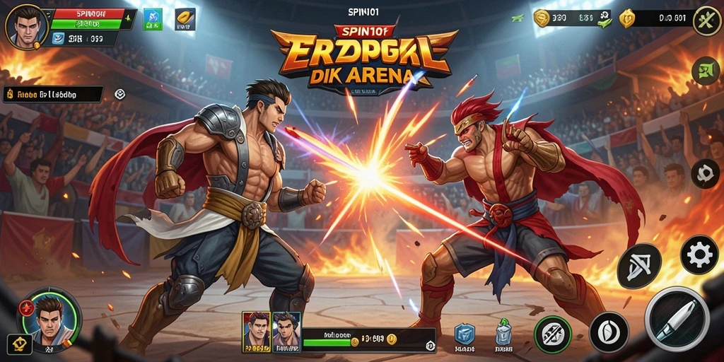 Screenshot SPIN101 yang menunjukkan aksi pertarungan epik di arena.